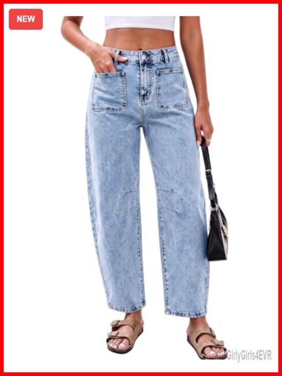 Denim - Barrel Jeans High Waisted Cropped Patch Pocket Baggy Stretch Denim
